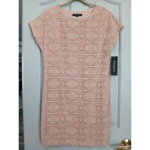 SHARAGANO Pink Lace Overlay Short Sleeve Boat Neck Shift Dress 6 NWT Business